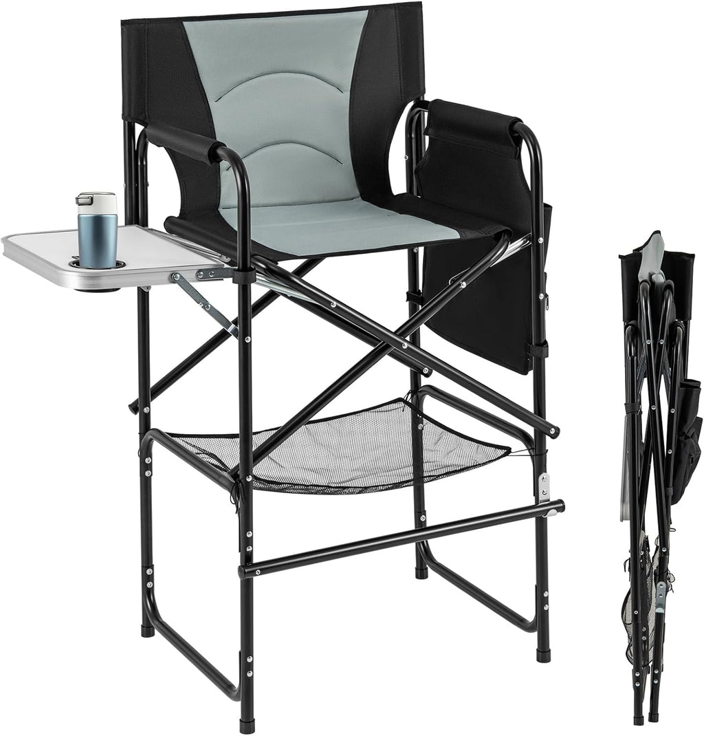 COSTWAY 46" Tall Directors Chair, Folding Makeup Artist Chair with Foldable Side Table & Footrest, Extra Cup Holder, Bottom Mesh Bag & Storage Pocket, Camping Chair for Lawn & Yard, Black+Gray