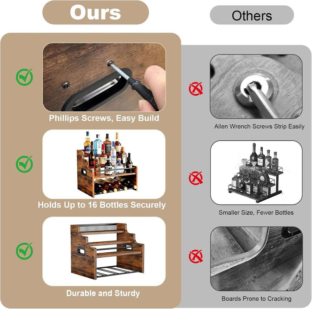 4-Tier Wood Display Shelf Wine Rack for 16 Bottles Wood Coffee Syrup Organizer with Handles Home Whiskey Shelf Retro Mini Liquor Cabinet Spice Rack Coffee Bar Shelves, Brown