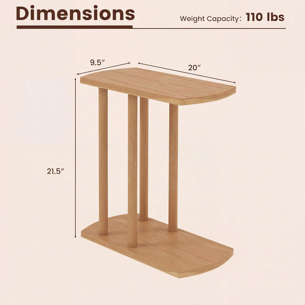 COSTWAY Solid Teak C-Shaped Side Table, Natural Slim 2-Tier End Table with Thick Top & Stable Base, Space-Saving Couch Table for Living Room Bedroom Small Spaces (1)