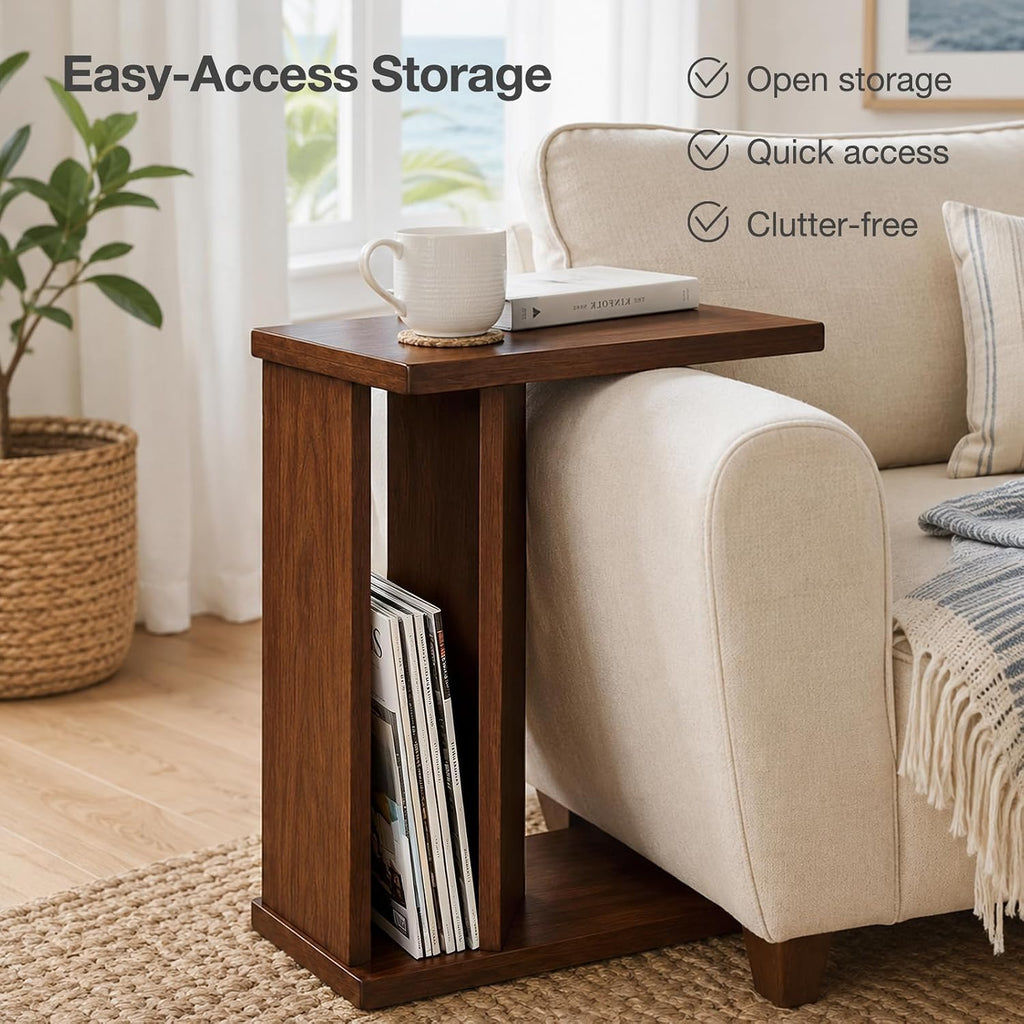 2-in-1 C-Shaped End Table & Side Table, Solid Rubberwood Side Table with Storage Shelf, Small End Table for Sofa Couch, Mid-Century Narrow Nightstand for Living Room Bedroom & Small Spaces