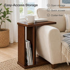 2-in-1 C-Shaped End Table & Side Table, Solid Rubberwood Side Table with Storage Shelf, Small End Table for Sofa Couch, Mid-Century Narrow Nightstand for Living Room Bedroom & Small Spaces