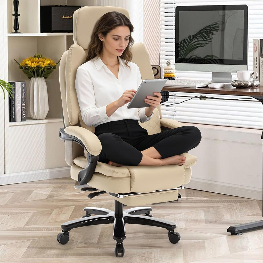 500lbs Plus Size Office Chair with Lumbar Support, PU Leather Big and Tall Heavy Duty Reclining Office Desk Chair with Foot Rest,Beige