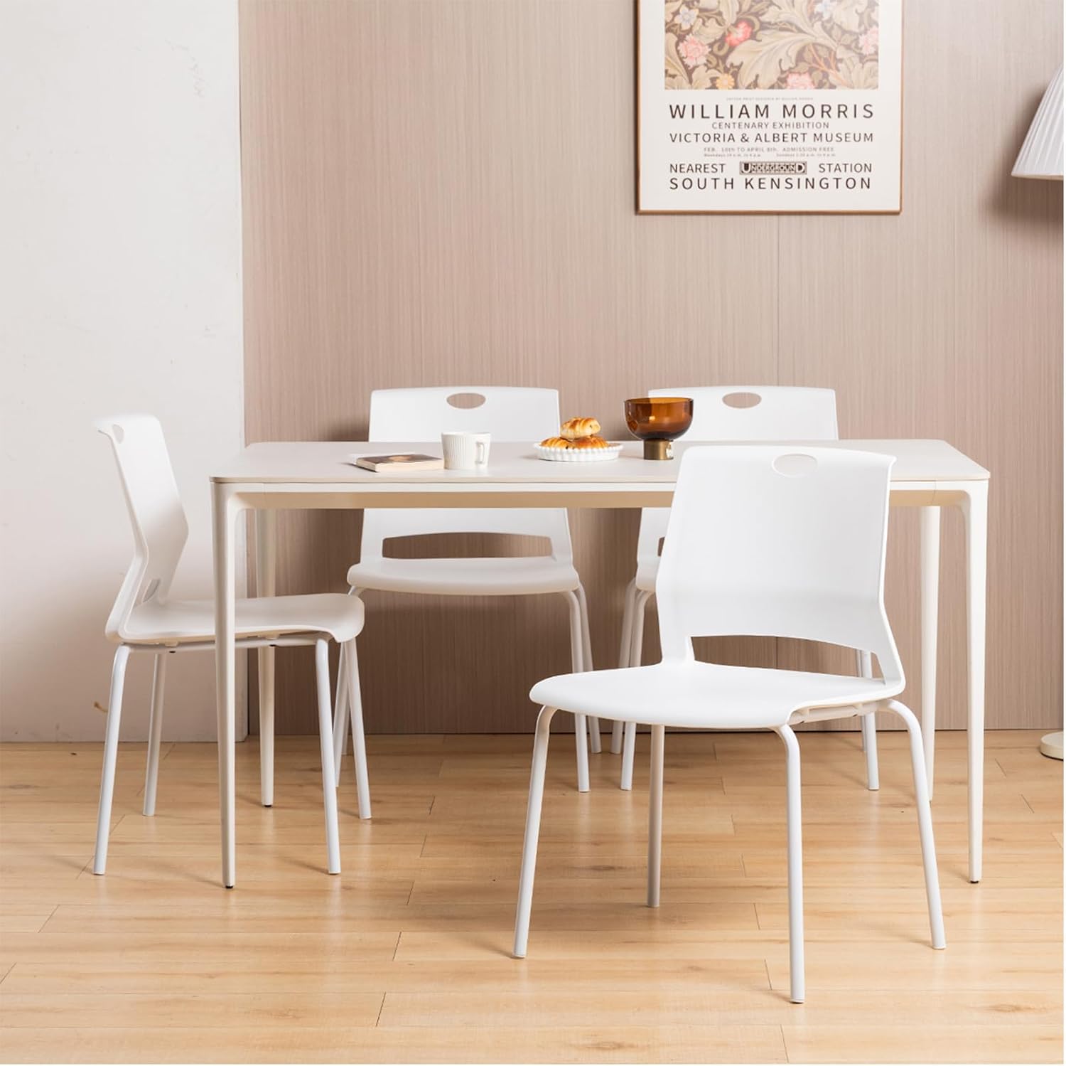 White Stackable Chairs Set of 4, Modern Office Guest Chair Wide Seat, Stackable Dining Chairs, Plastic Chair for Conference Room, Living Room, Waiting Area, Classroom.