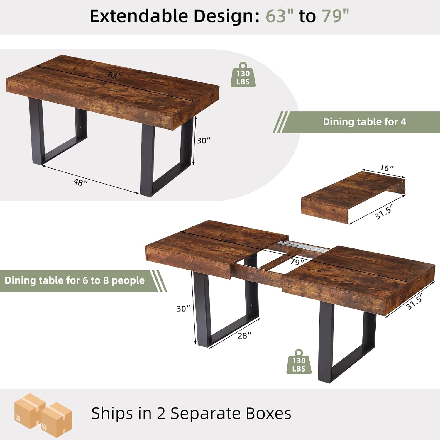 Dining Table Extendable 63 in-79 in for 4-8 Expandable Wood Rectangle with Fluted Base for Dinning Room Kitchen Living Room Farmhouse Rustic Walnut