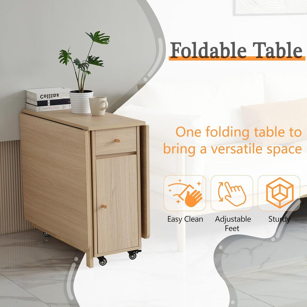 COMUHOME Wood Drop Leaf Folding Dining Table with 2 Drawers and 4 Wheels, Wooden Padded Dining Chairs Set of 4, Space Saving Dining Table with 4 Chairs for Living Room Kitchen Farmhouse