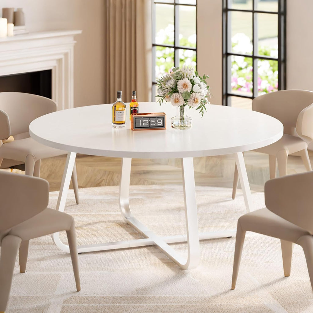 LVB Round Dining Table, Modern Wood Metal Kitchen Table, Industrial Small Dinner Room Tables for 4 to 6 People, Circle Coffee Dining Room Tables for Home Kitchen Living Room,White Oak, 51 Inch