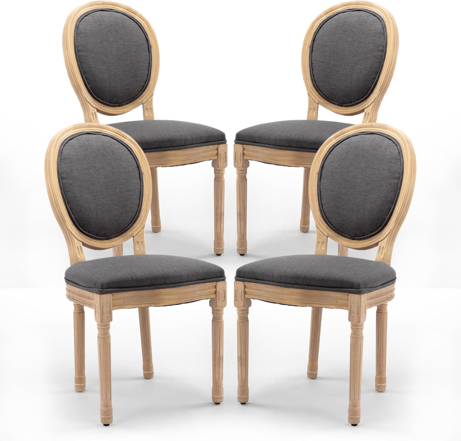 French Country Dining Chairs Set of 4, Upholstered Dining Room Chairs with Round Back, Solid Wood Legs, Oval Side Chairs for Kitchen,Bedroom,Dining Room,Restaurant(Dark Grey-Fabric)