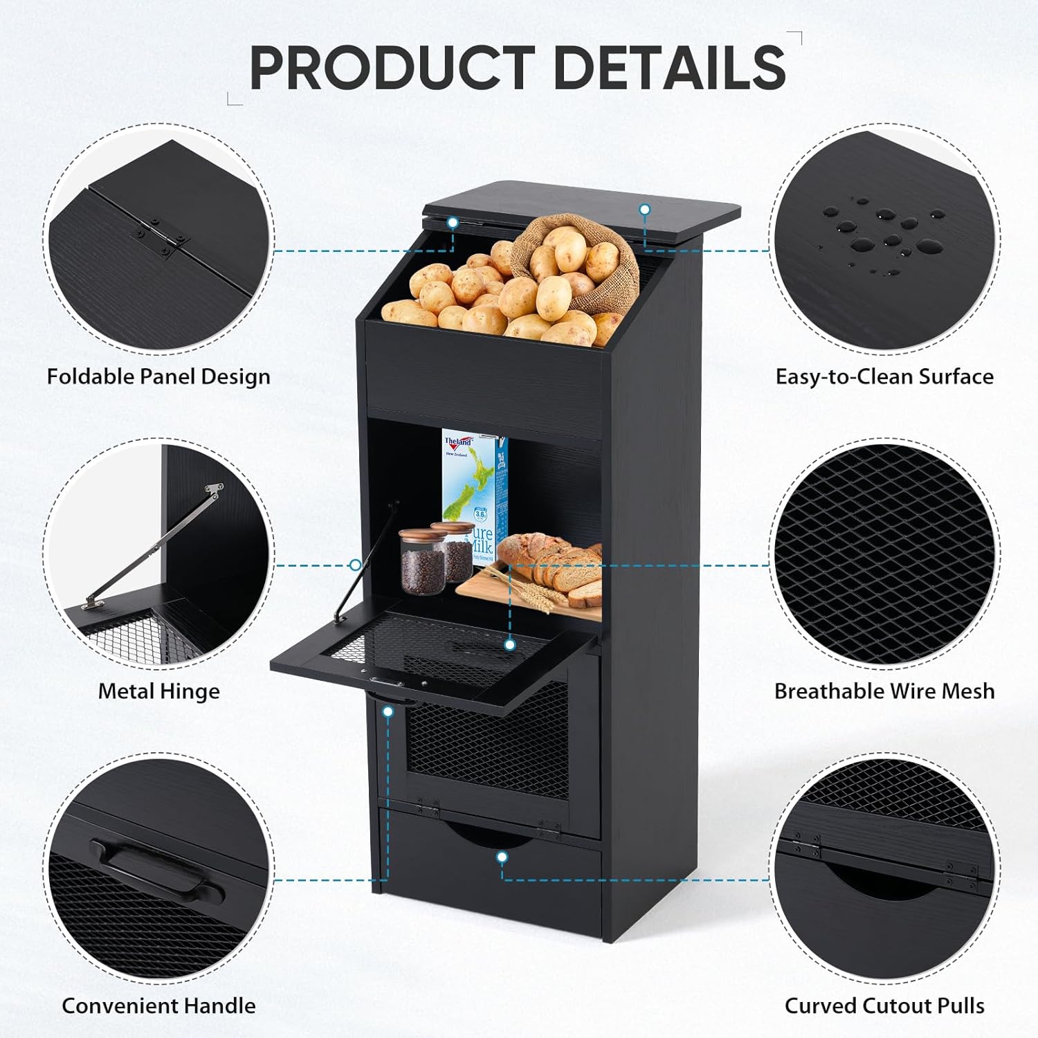 Verano Garden Potato Storage Bin, Wood Bread Box with Lid, Farmhouse Potato and Onion Storage Bin with Mesh Doors, Fruit and Vegetable Storage Rack with Removable Drawer (Black, 16.0")