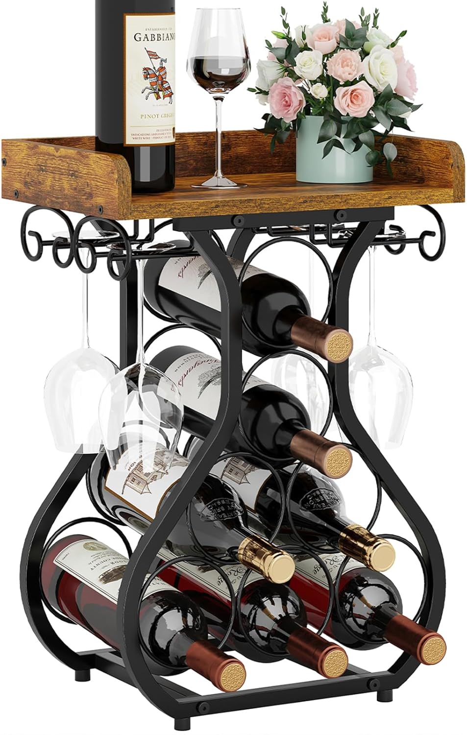X-cosrack Wine Racks Countertop, Small Wine Rack with Wine Glass Holder, Mini Countertop Wine Rack with Tabletop Wine Storage Cabinet Shelf for Kitchen Pantry Home Bar