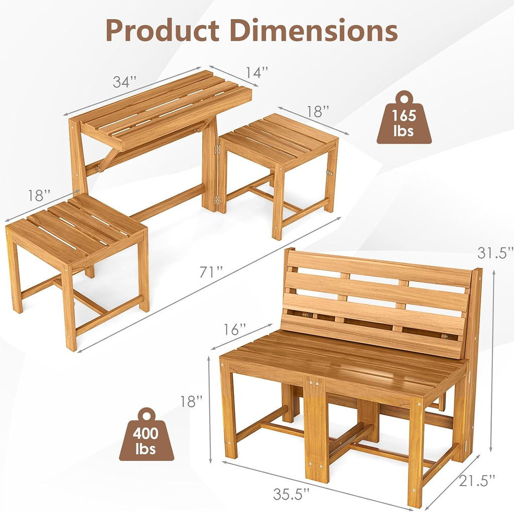 Tangkula 3-in-1 Convertible Bench Bar Table, Space-Saving Patio Convert A Bench with Balcony Plant Rack Design, Outdoor Folding Table and Chairs Set for Garden Porch & Backyard