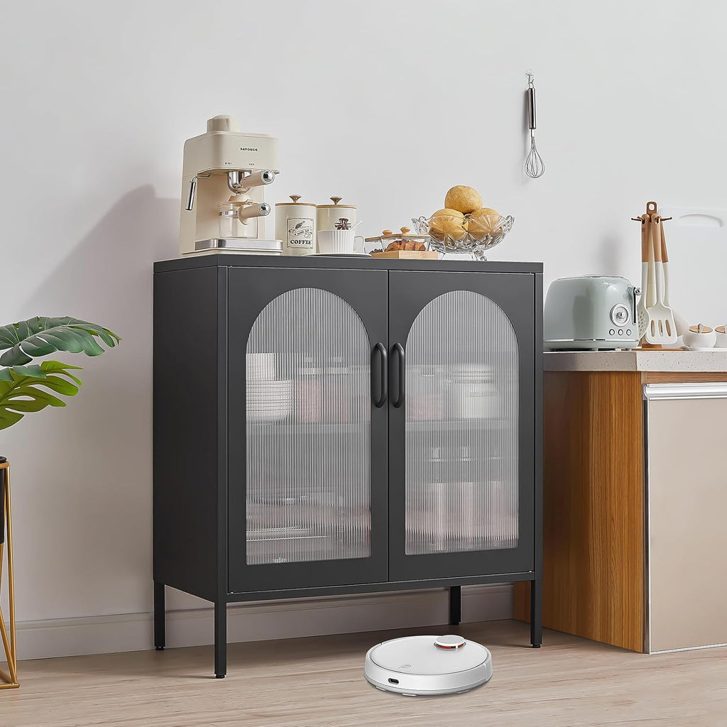 Buffet Cabinet, Modern Industrial Style Sideboard Buffet Cabinet, with Adjustable Shelves Credenza for Living Kitchen Dining Farmhouse, 15.8" L x 27.6" W x 35" H Black