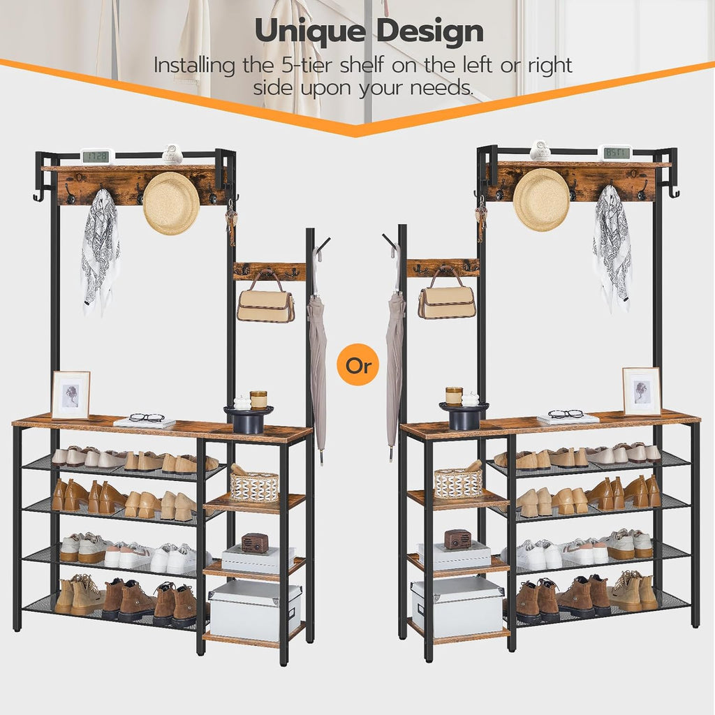 HOOBRO Hall Tree with Bench, Entryway Bench with Coat Rack, Shoe and Coat Rack for Entryway, Coat Rack with Shoe Storage and Reversible Storage Shelves, Rustic Brown BF105MT01