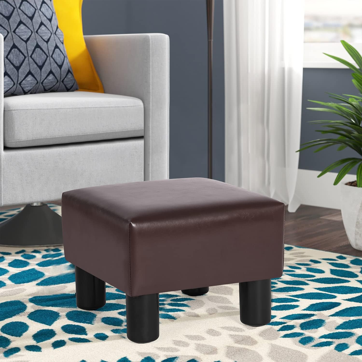 Homebeez 13" Small Footstool PU Leather Ottoman Footrest Modern Home Living Room Bedroom Square Stool with Padded Seat Plastic Legs, Dark Brown