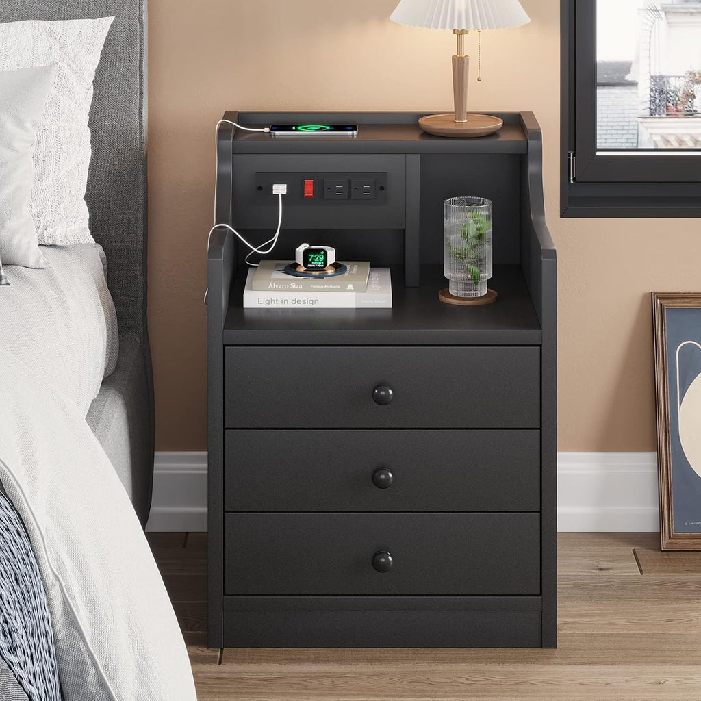 ADORNEVE Black Nightstand with Charging Station & Drawers | Night Stand for Bedroom,End Table with Hutch & 3 Storage Drawers