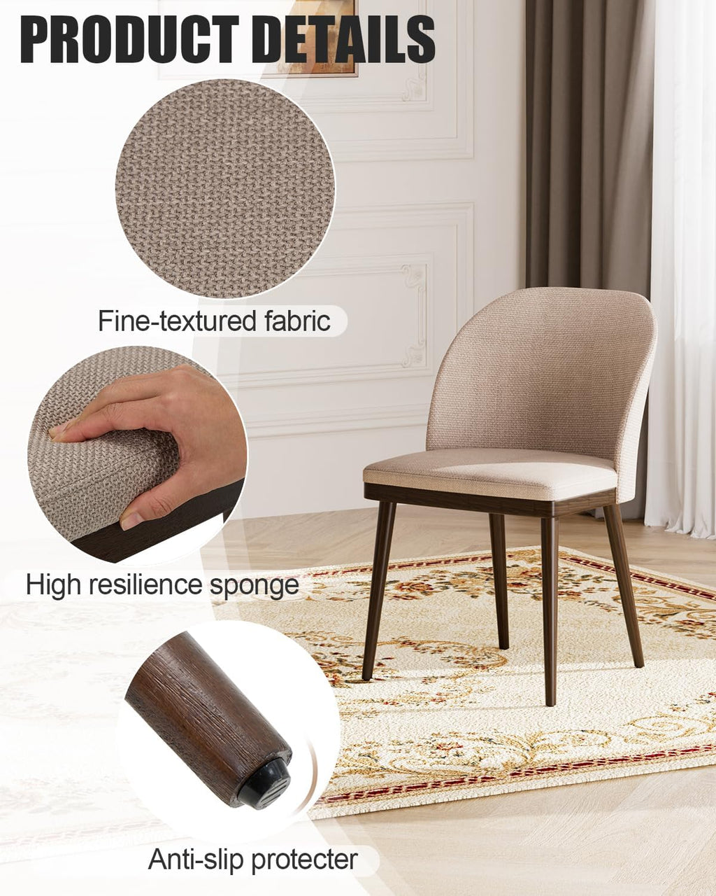Upholstered Dining Chairs Set of 4 - Modern Dining Room Chairs, Mid-Back Restaurant Kitchen Chairs with Wooden Legs, Camel