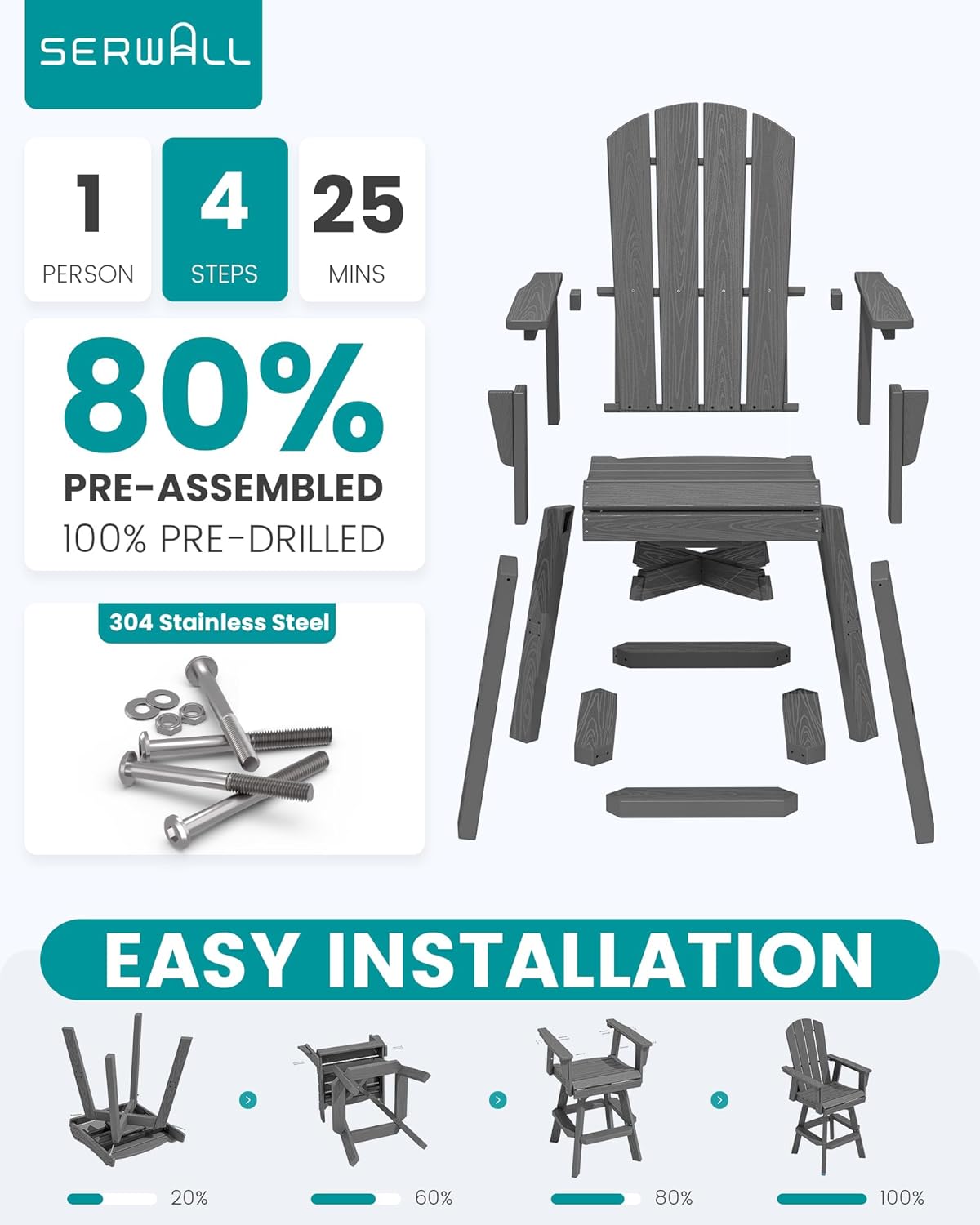 SERWALL Swivel Adirondack Barstools Set of 2, HDPE Outdoor Swivel Bar Chairs Set of 2 for Patio, Poolside, Garden, Grey
