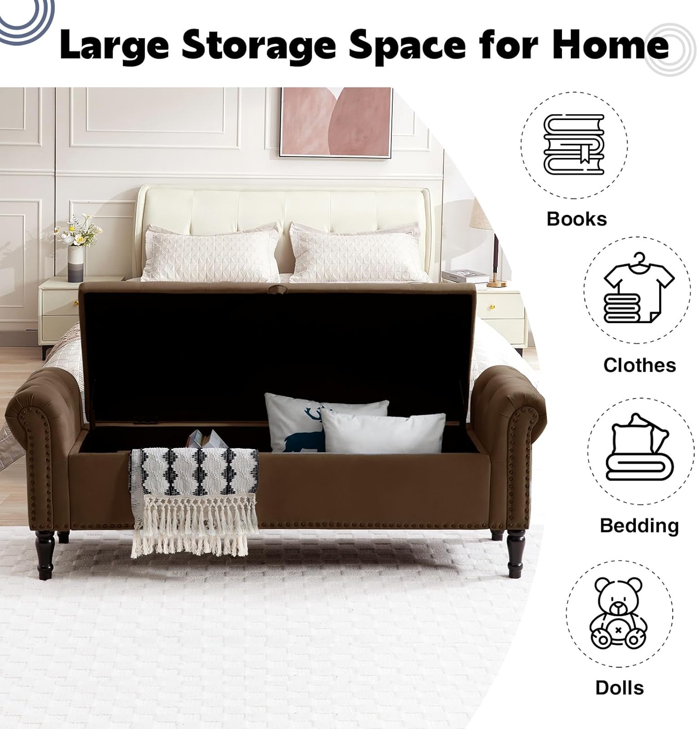67'' End of Bed Bench King Size, Storage Bench for Bedroom End of Bed, Upholstered Tufted Storage Ottoman Benches with Arms for Living Room, Entryway, Windows, Brown