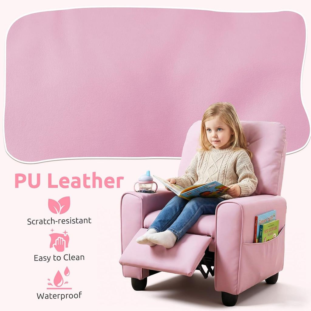 INFANS Kids Recliner, Toddler Lounge Chair with Adjustable Backrest Footrest Cup Holder Side Pockets, PU Leather Toddler Couch