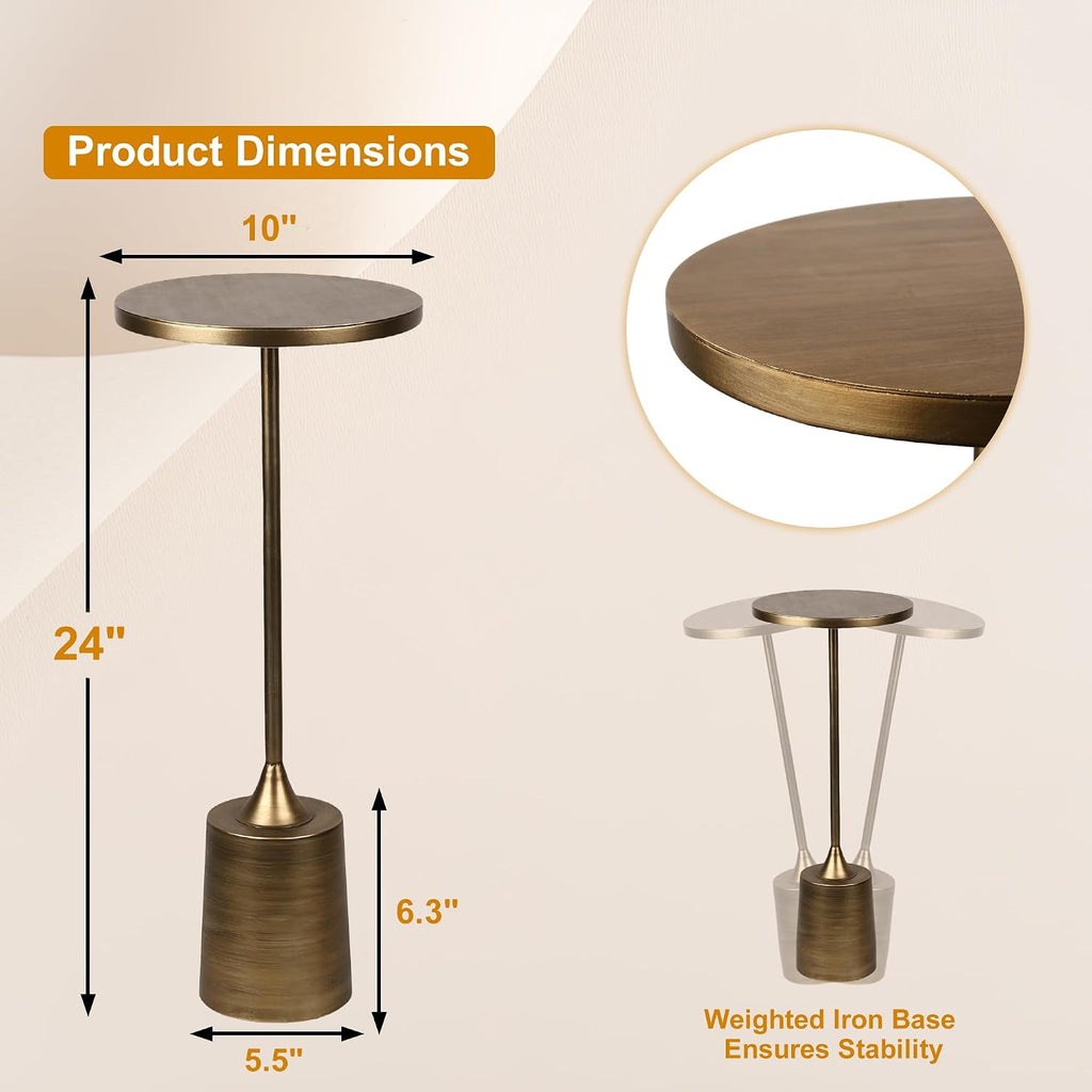 Jorsnovs Vintage Bronze Small End Table, 10'' Round Pedestal Side Table with Weighted Iron Base, Drink Table for Small Spaces, Antique Cocktail Table for Living Room, Entryway, or Bathroom
