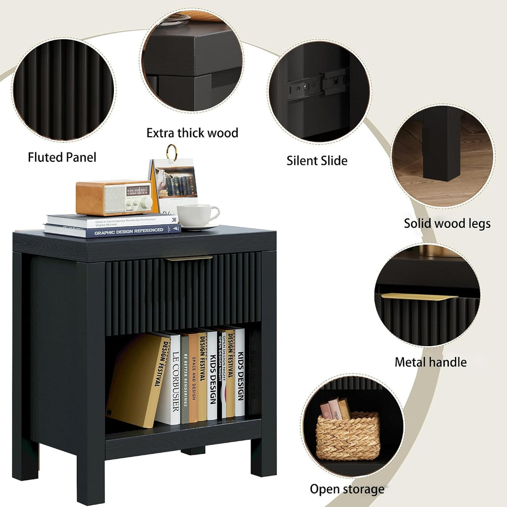 End Table Set of 2 with Storage, Small End Table, Wood Bedside Table with Drawer and Opening Storage, Nightstand Accent Table for Living Room, Bedroom, Black