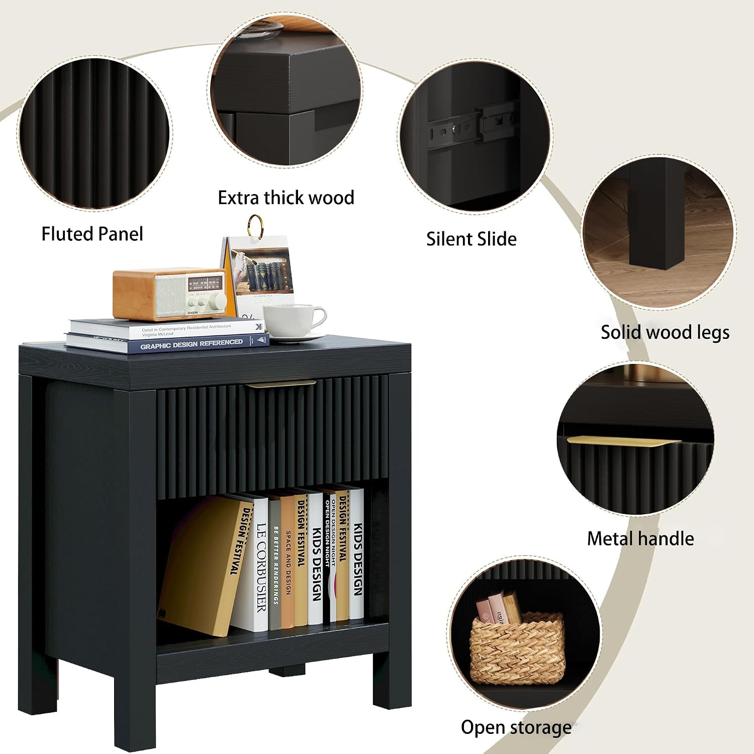 End Table Set of 2 with Storage, Small End Table, Wood Bedside Table with Drawer and Opening Storage, Nightstand Accent Table for Living Room, Bedroom, Black