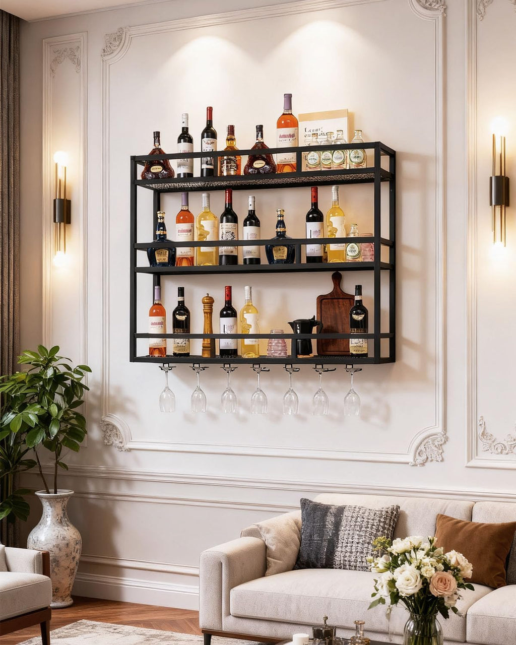 39" Wall Mounted Wine Rack with Bottle Glass Holder, 3-Tiers Metal Bar Shelves for Liquor Bottles with LED Light, Wall Wine Rack for Home, Restaurant, Commercial Bar, Kitchen Storage Display