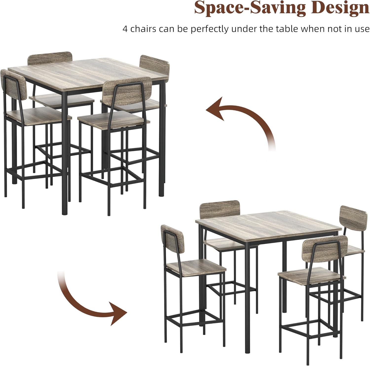 Kitchen Table and Chairs of 4, 5 Piece Dining Table Set | Sturdy Industrial Space Saving Dinette Set for Pub, Family Dinners, Apartment, Gray