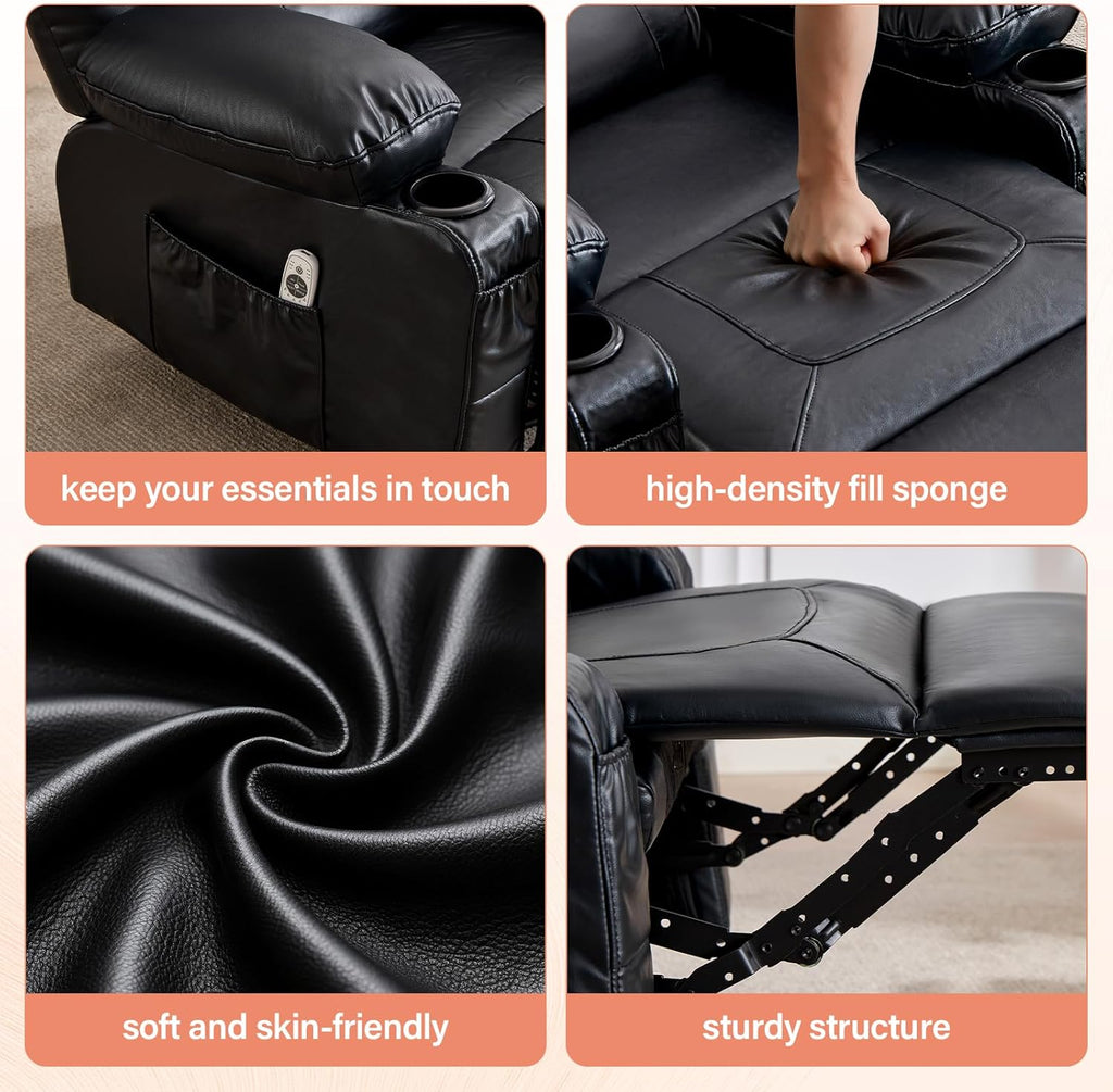 MAHOMICO Swivel Rocker Recliner Chair with Vibration Massage and Heat for Living Room,with Rocking Function and Side Pocket, PU Leather USB Charge Port,2 Cup Holders