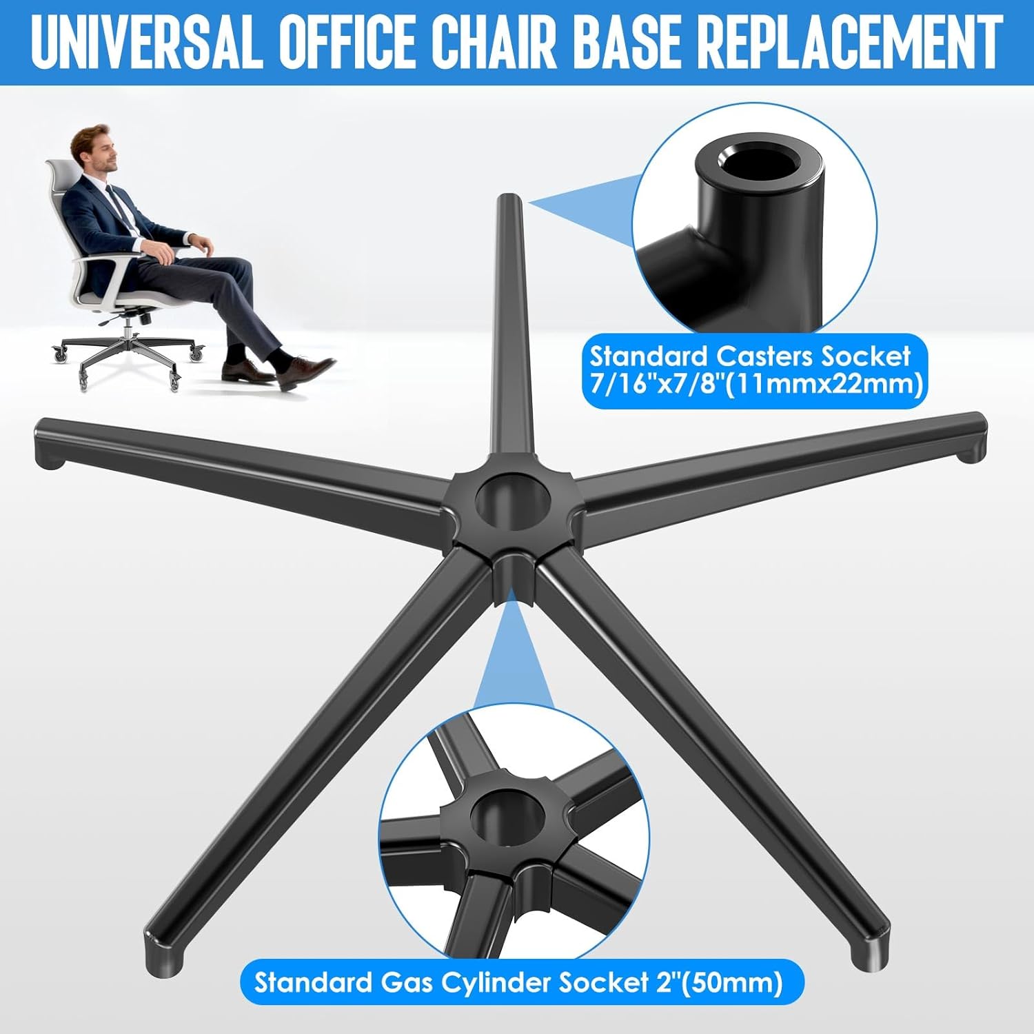 Office Chair Base, Office Chair Base Replacement, 3300 lbs, Metal Desk Chair Base Replacement Parts, Universal Gas Cylinder and Caster Socket