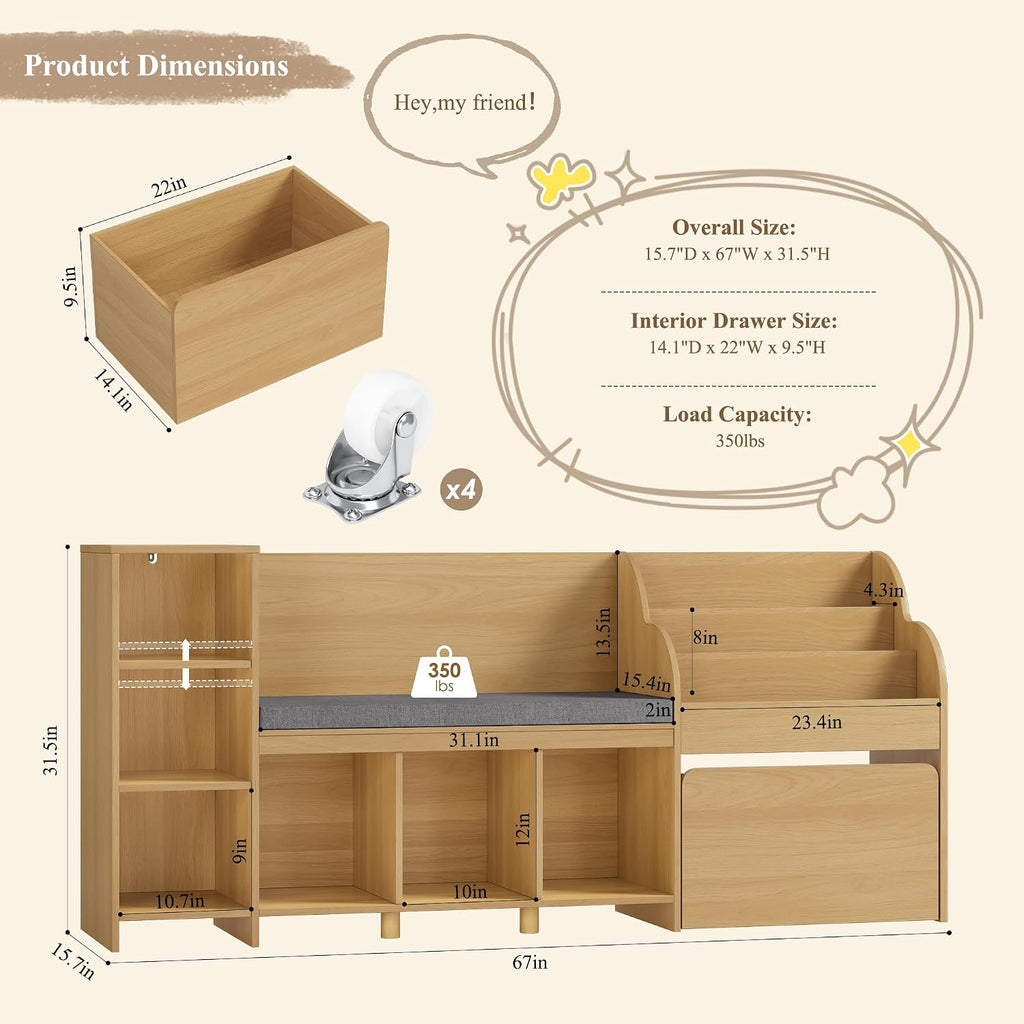 HOSTACK 67" W Kids Reading Nook with Toy Storage Organizer, Large Kids Bookshelf with Toy Storage Box on Wheels, Big Kid Bookcase with Bench and 6 Open Cubbies for Playroom, Kid Room, Natural Oak