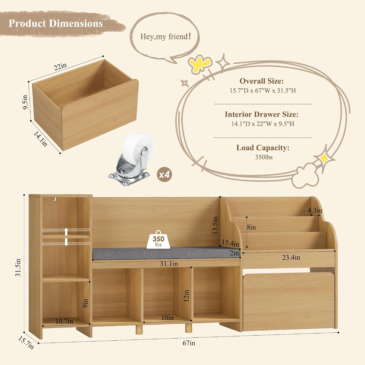HOSTACK 67" W Kids Reading Nook with Toy Storage Organizer, Large Kids Bookshelf with Toy Storage Box on Wheels, Big Kid Bookcase with Bench and 6 Open Cubbies for Playroom, Kid Room, Natural Oak