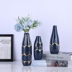 Blue and Gold Ceramic Vase Set of 3, Geometric Decorative Ellipse Vases for Living Room Shelf, Mantel, Table Centerpieces, Bathroom Countertop, Modern Rustic Farmhouse Home Decor (Blue)