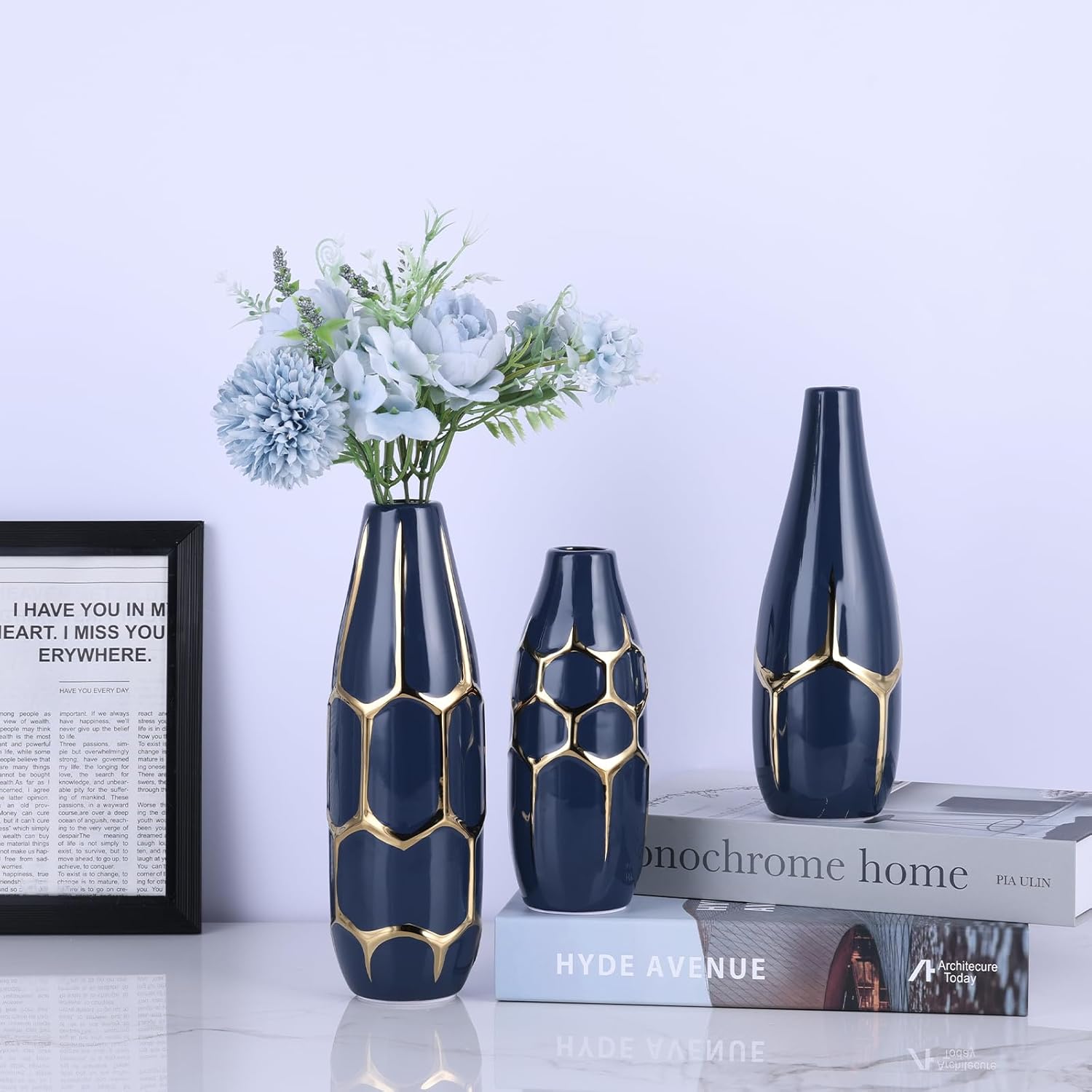 Blue and Gold Ceramic Vase Set of 3, Geometric Decorative Ellipse Vases for Living Room Shelf, Mantel, Table Centerpieces, Bathroom Countertop, Modern Rustic Farmhouse Home Decor (Blue)