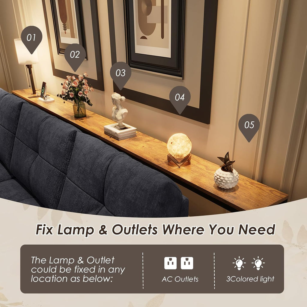 X-cosrack 78.8" Long Narrow Sofa Table with Outlet & LED Bulb, L Shaped Skinny Corner Console Table Behind Couch, Slim Sofa Table wtih 3 Color Light for Living Room, Bedroom, Entryway, Rustic Brown