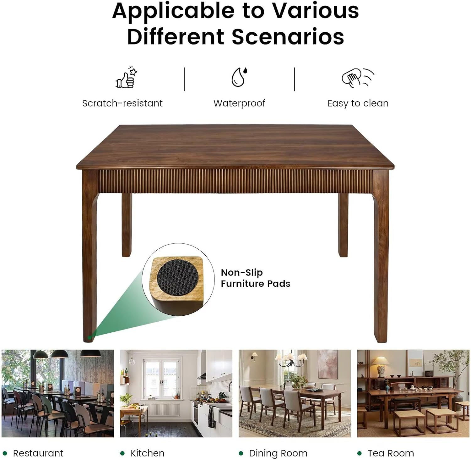55" Solid Wood Dining Room Table for 4-6,Modern Farmhouse Rectangular Kitchen Real Wooden Table,Mid Century Fluted Design Large Furniture Desk for Home,Apartment,Living Room Walnut