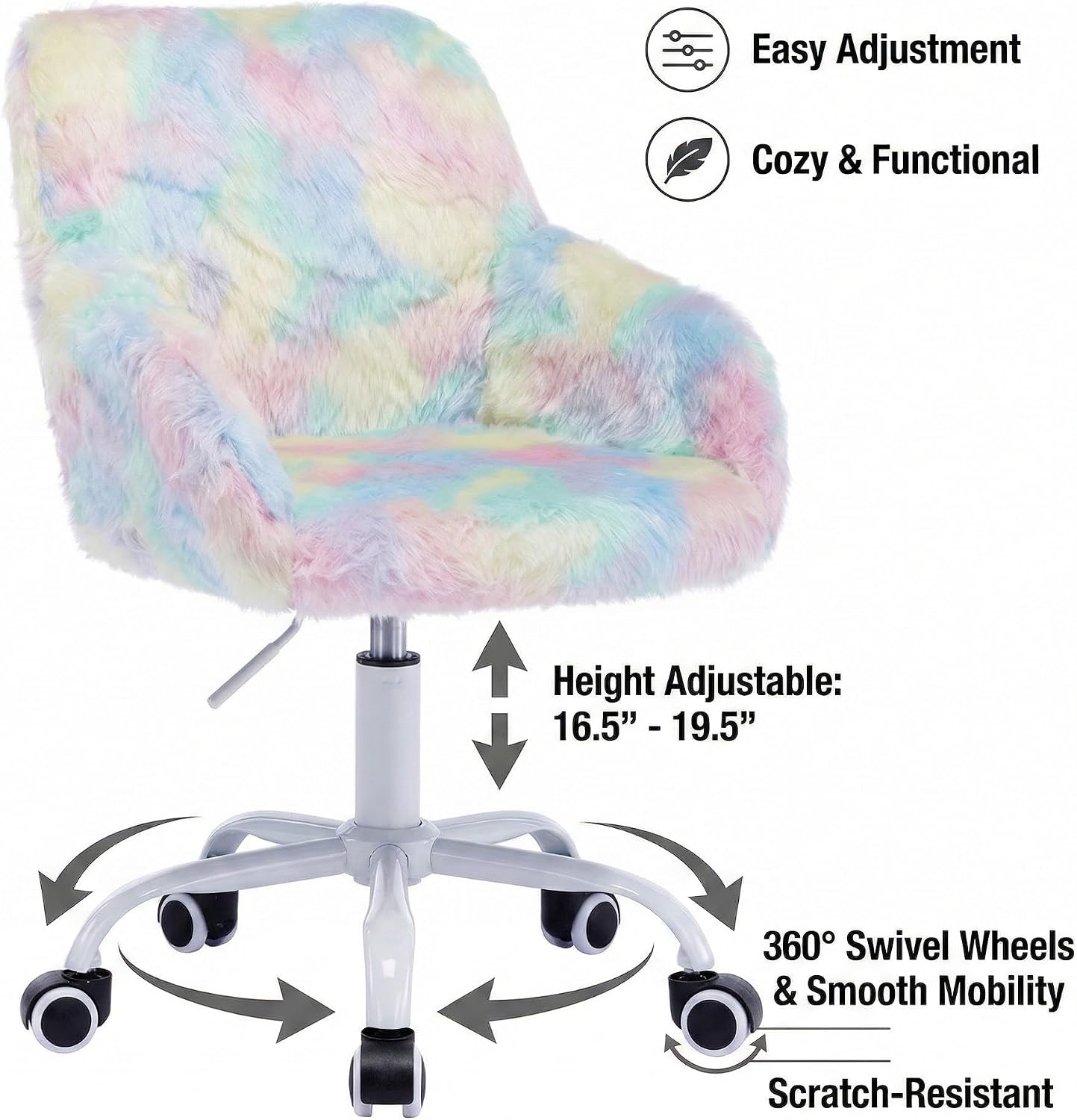 DUOMAY Kids Desk Chair, Faux Fur Colorful Upholstered Computer Chair for Boys and Girls, Cute Study Swivel Height Adjustable Arm Chair for Child, Rainbow Color