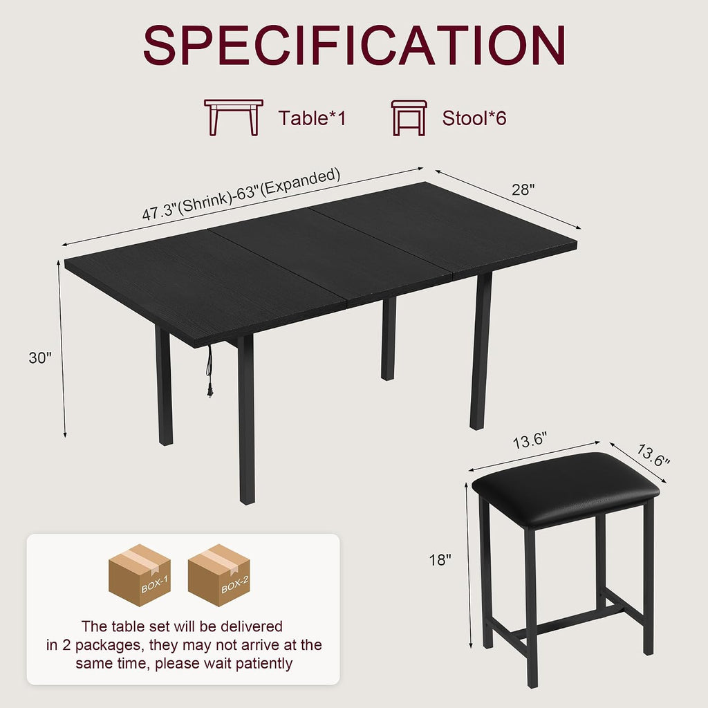 VECELO 7-Piece Dining Table Set, 63" Large Extendable Kitchen Table Set with USB Charging, Metal & Wood Support, Table with 6 PU Upholstered Stools, for 4-6, Small Space Saving Design, Black