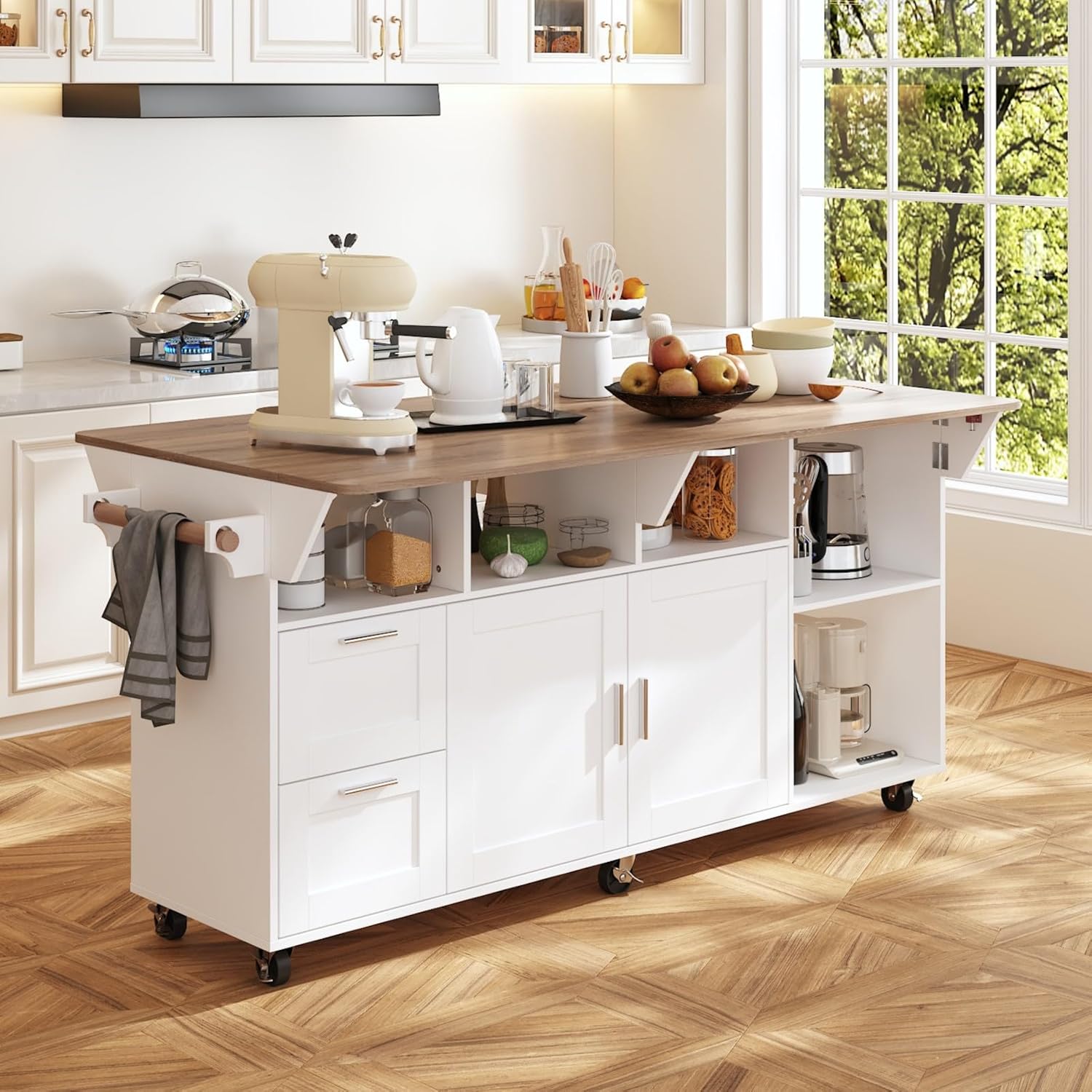 Rolling Kitchen Island Cart with Storage, Mobile Kitchen Island on Wheels with Drop Leaf & 2 Drawers, Adjustable Shelf, Towel Rack & Brown Tabletop, White, 70.9”W x 31.7”D x 35.4”H