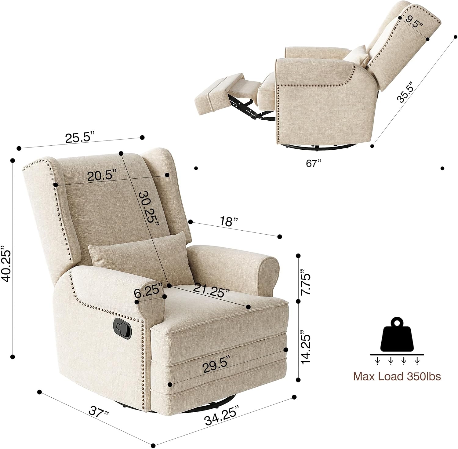 Gecheer Swivel Recliner Chair with Lumbar Pillow and Footrest – Glider Rocking Chair for Nursery, Bedroom or Living Room – Beige Upholstered Swivel Rocker