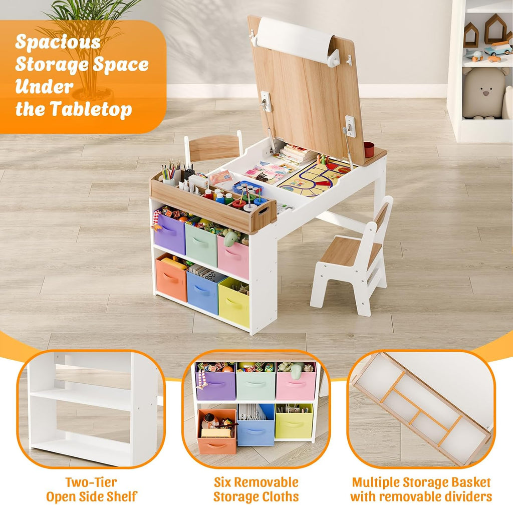 Kids Art Table and Chair Set with 2 Chair & Bins, 44" L x 24" W, Natural | Large Storage Kids Activity Desk, Toddler Craft Table and Chairs Set with Paper Roll for Playrooms & Classroom