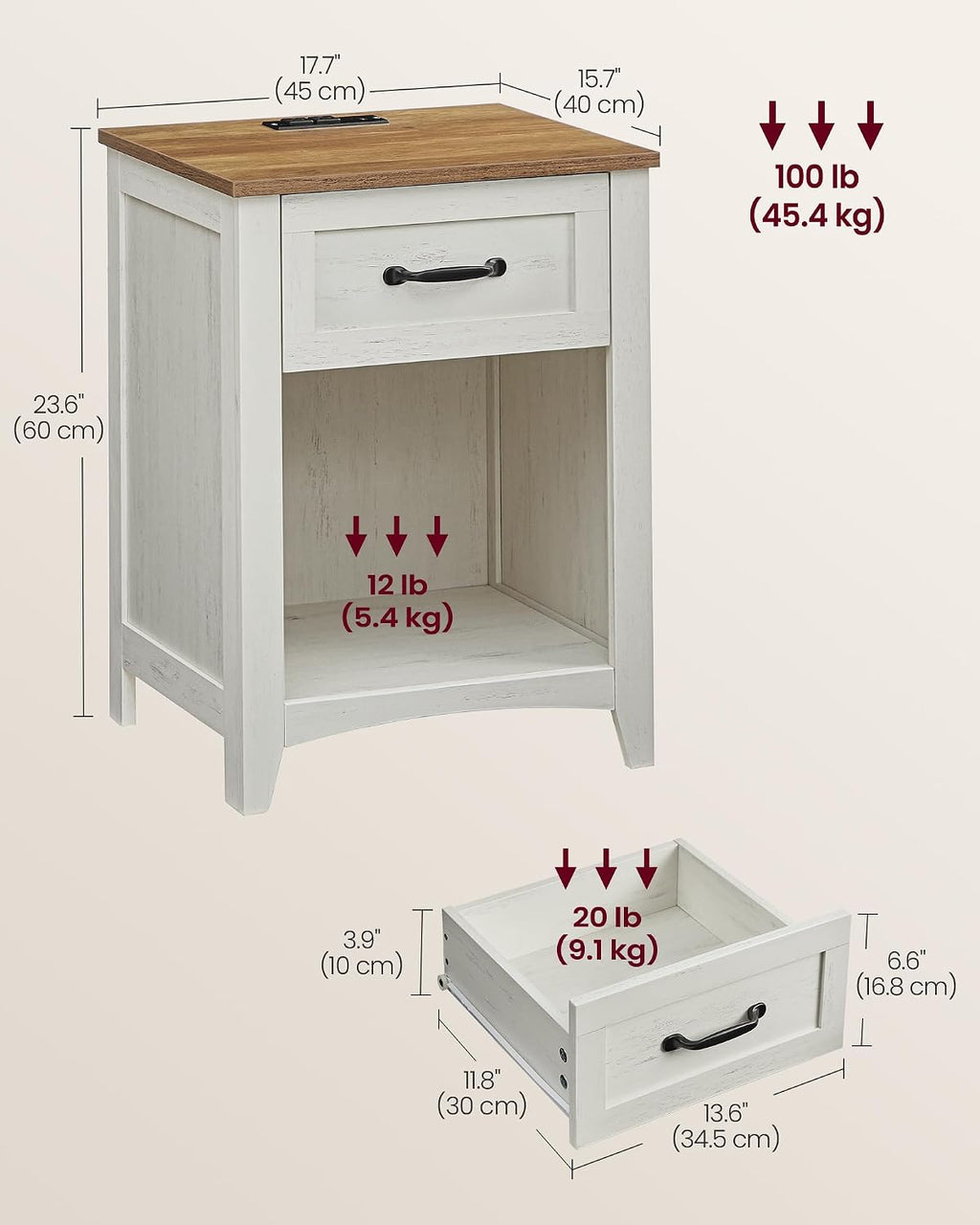 VASAGLE LIRY Collection - Farmhouse Nightstands with Charging Station, Set of 2 Bedside Tables, Side Tables with Drawer, Open Compartment, for Bedroom, Rustic White and Honey Brown ULET859K41