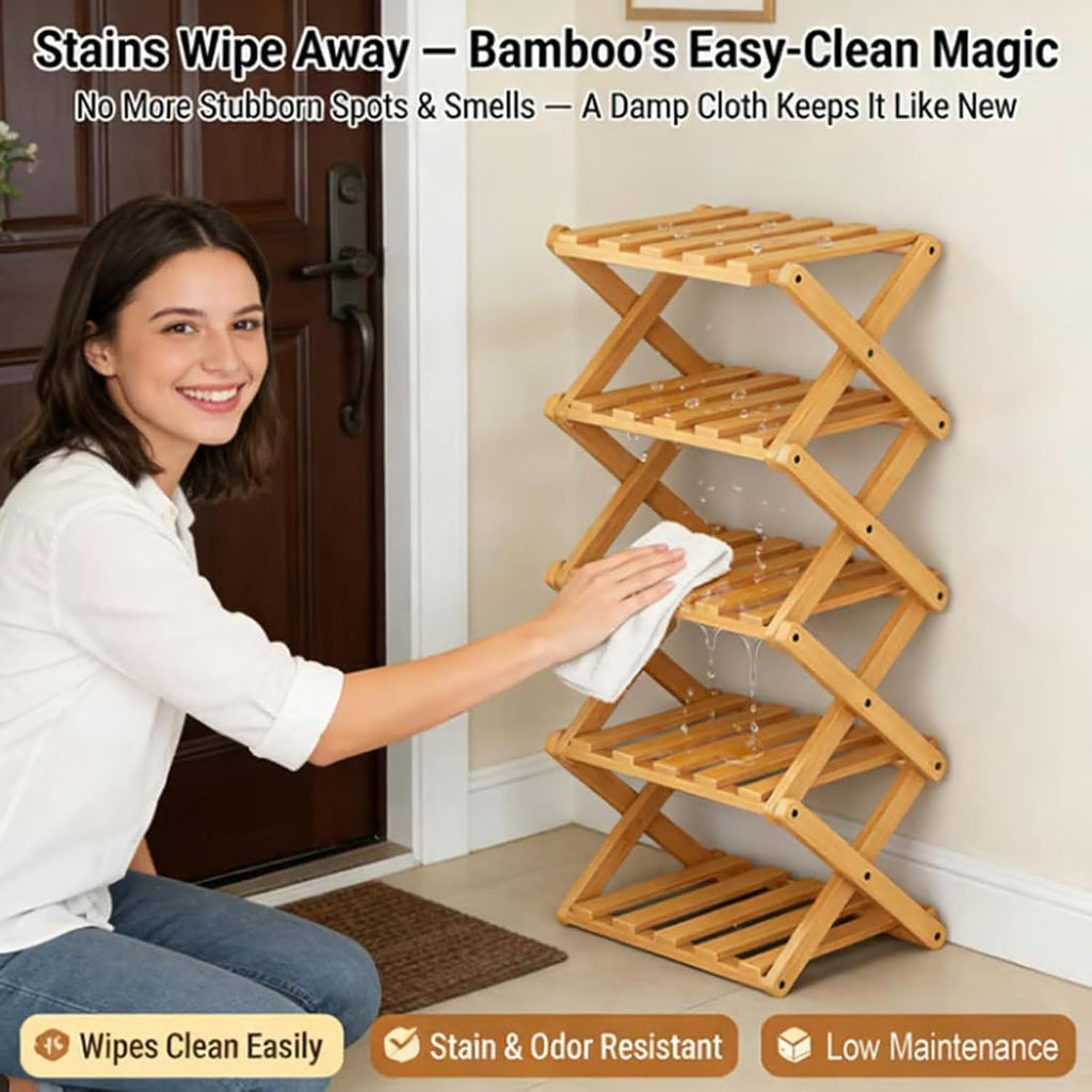 9 Tier Bamboo Shoe Rack, The 9-Tier No-Assembly Bamboo Rack, Foldable Accordion Corner Shoe Shelf, Narrow Standing Closet Shoe Organizer for Shoes, Books, Save Space, Easy to Use (Nature, 9 Tier)
