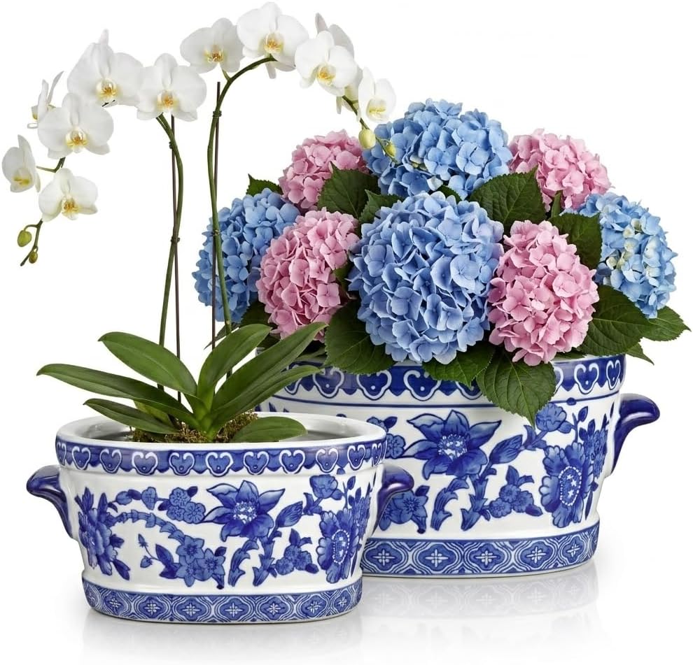 Blue and White Ceramic Planter Pot – Vintage Floral Oval Cachepot Vase for Indoor Plants, Flowers & Succulents – Glazed Chinese Porcelain Style Decorative Bowl – 7.4" or 10.6" Size – No Drainage