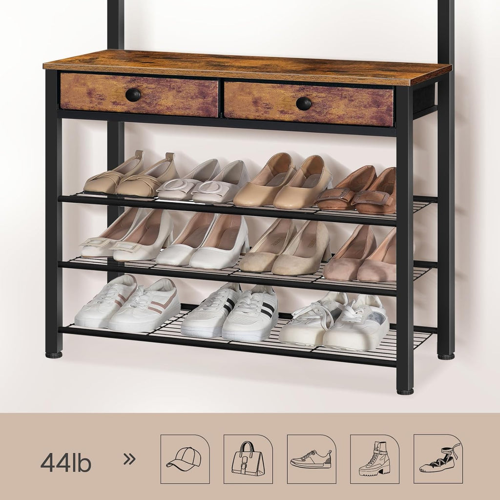 HOOBRO Hall Tree, Entryway Coat and Shoe Rack, 2 Fabric Drawers, Hall Tree with Bench, Shoe and Coat Rack, Coat Rack with Shoe Storage, 4 Tier Shoe Organizer, 9 Hooks, Rustic Brown and Black BF81MT01
