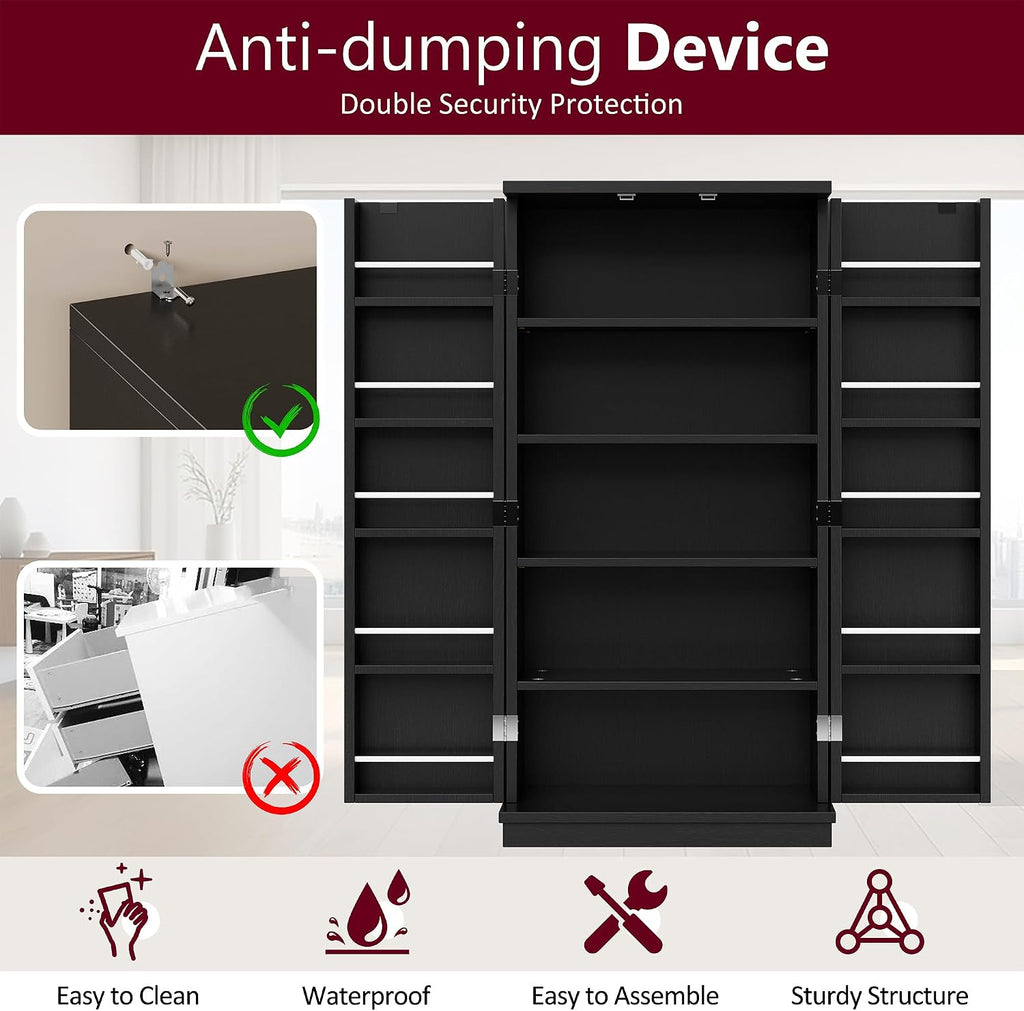 Kitchen Pantry Cabinet Food Storage Cabinets with Door and Adjustable Shelves Freestanding Pantry Cabinet with Anti-Tip Kit for Small Space for Kitchen Dining Room Black