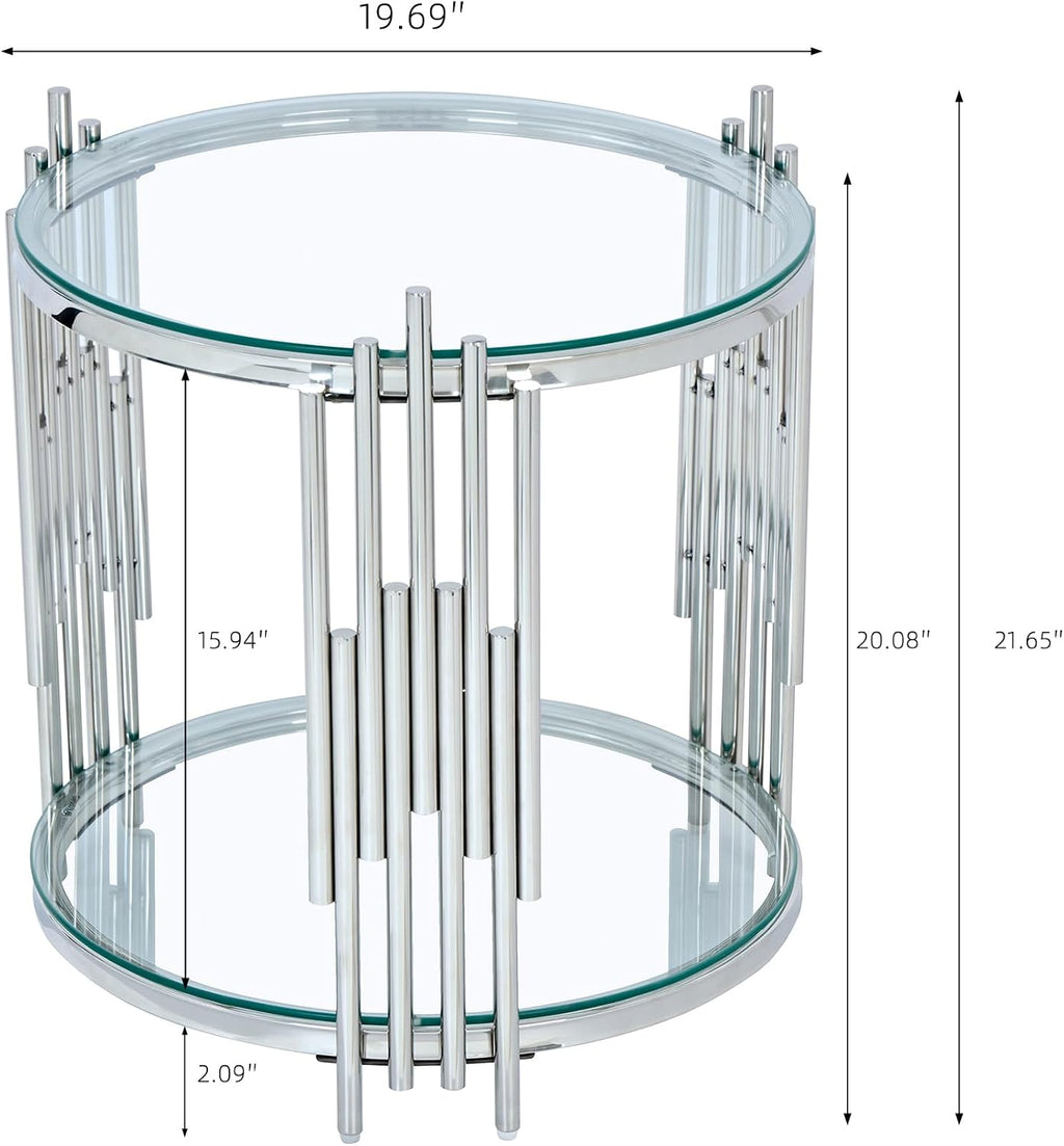 SSLine Round Glass Side Table with Silver Stainless Steel Frame Luxury Circle 2-Tier End Table for Living Room Modern Elegant Bedside Table with Storage Shelves for Home Office