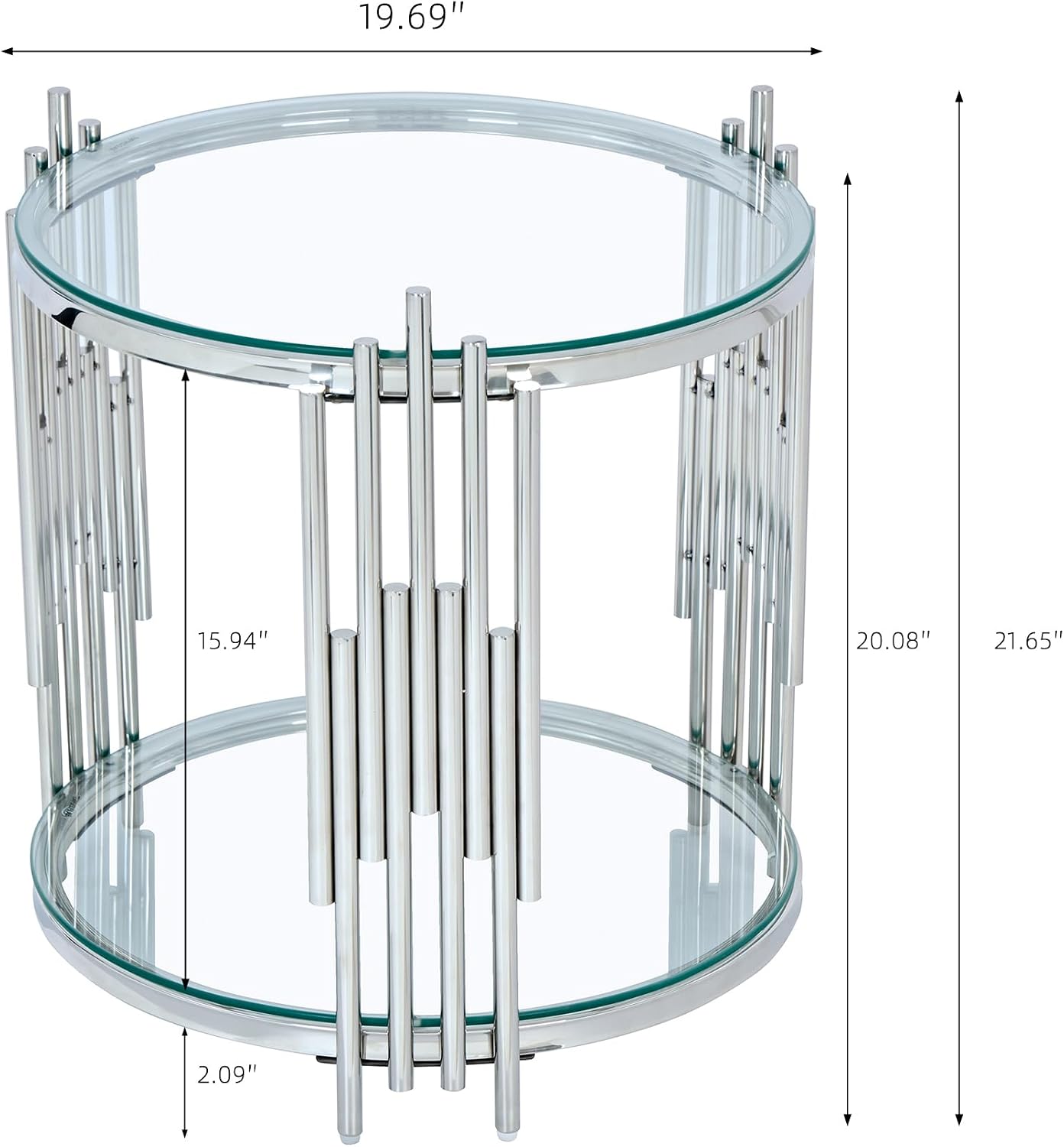 SSLine Round Glass Side Table with Silver Stainless Steel Frame Luxury Circle 2-Tier End Table for Living Room Modern Elegant Bedside Table with Storage Shelves for Home Office