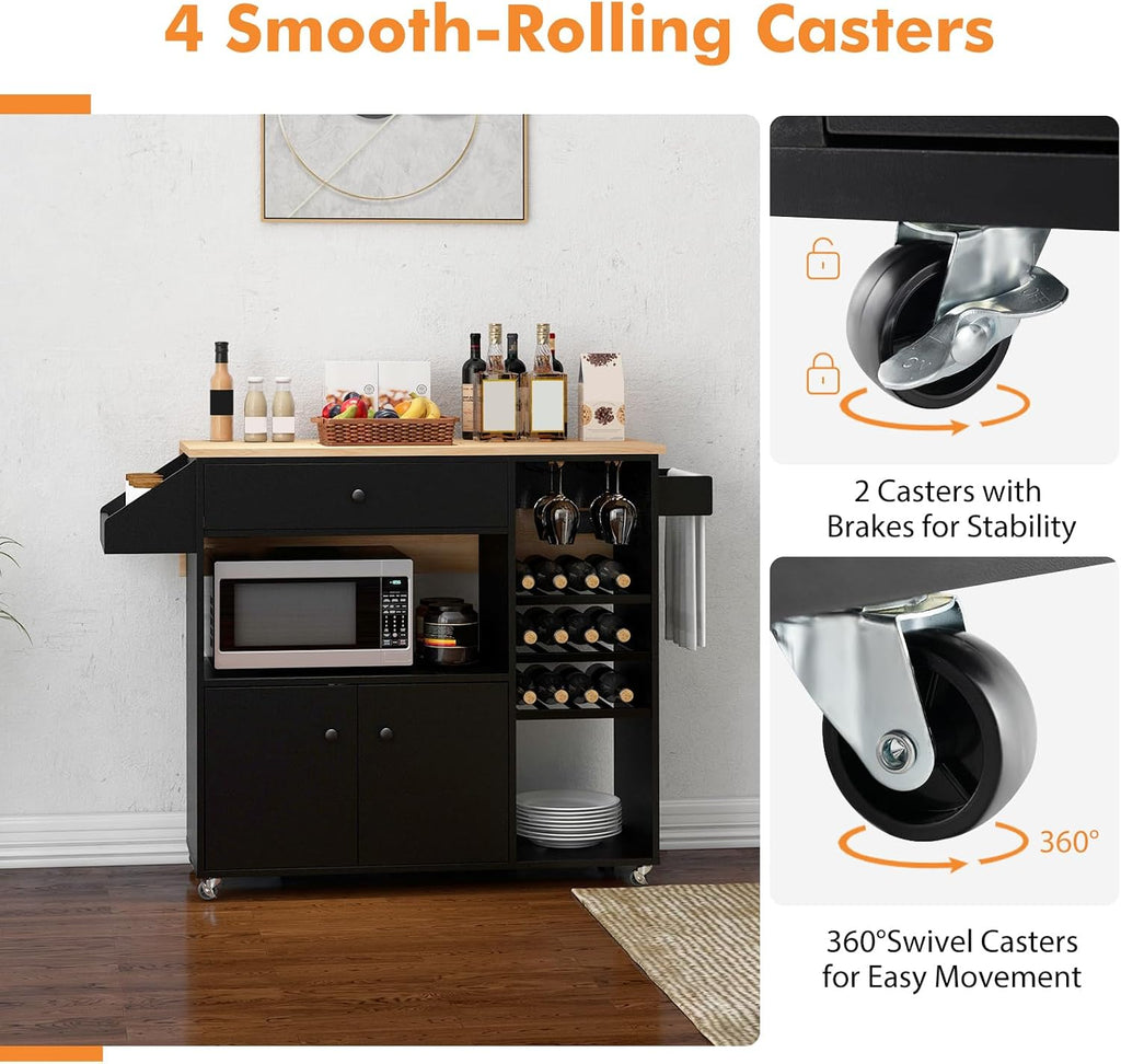TANGZON Kitchen Island on Wheels, Rolling Kitchen Storage Trolley with Drop Leaf Worktop, Drawer, Wine Rack, Glass Holder, Open & Adjustable Shelf, Utility Bar Serving Cart Sideboard (Black)