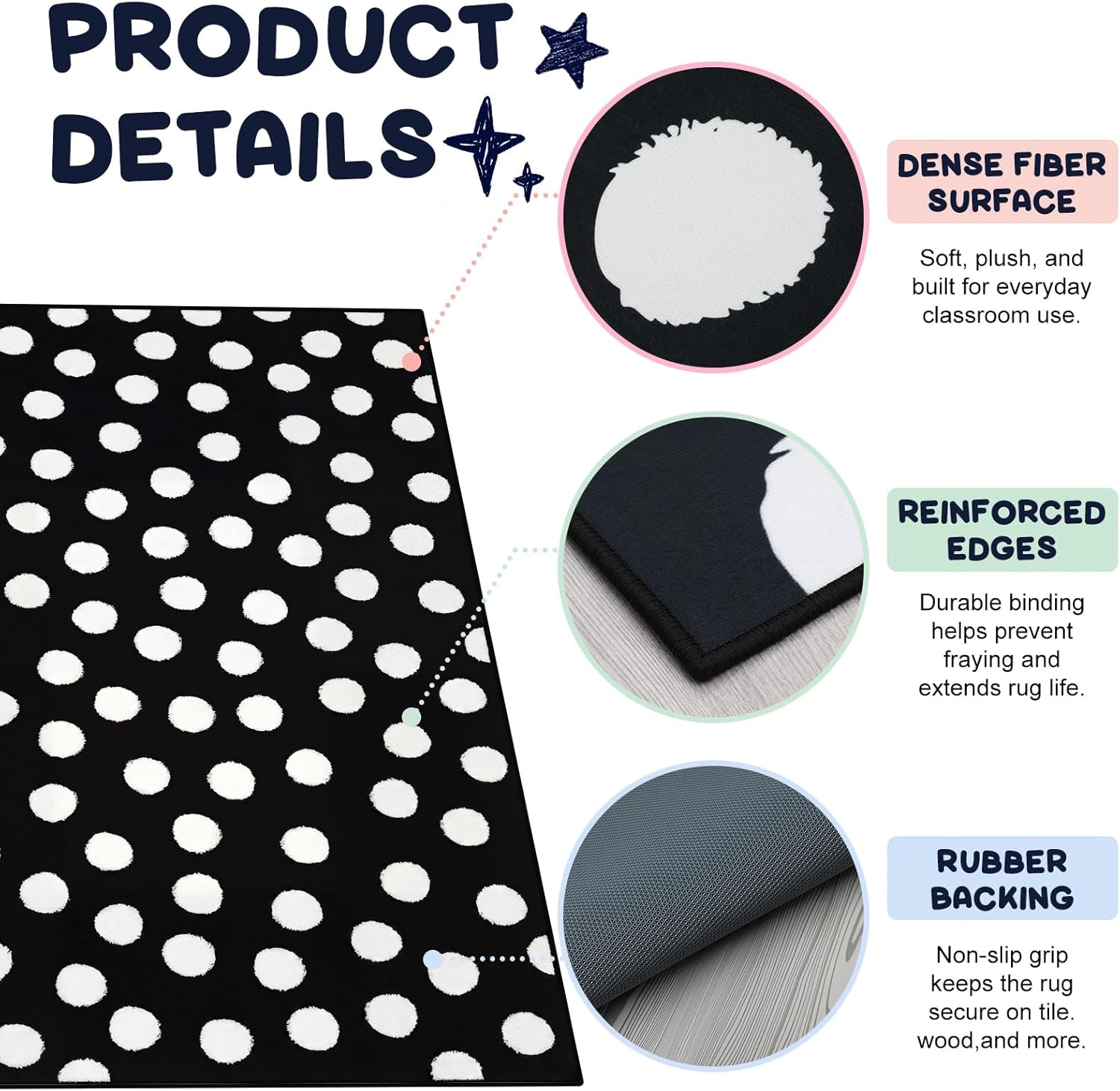 Nuanchu Large Polka Dot Classroom Rug 6.5 x 12.1 ft Black and White Classroom Carpet with Rubber Backing Non-Slip First Day of School Rugs for Playroom Nursery Preschool