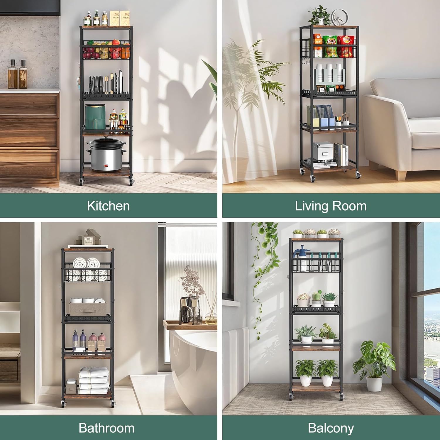 Housolution 5 Tier Kitchen Rolling Cart, Storage Cart with Metal Fruit Vegetable Basket and Pull-Out Pot Lid Cutting Board Organizer, Storage Rack with Wooden Top for Kitchen, Pantry, Bathroom, Brown